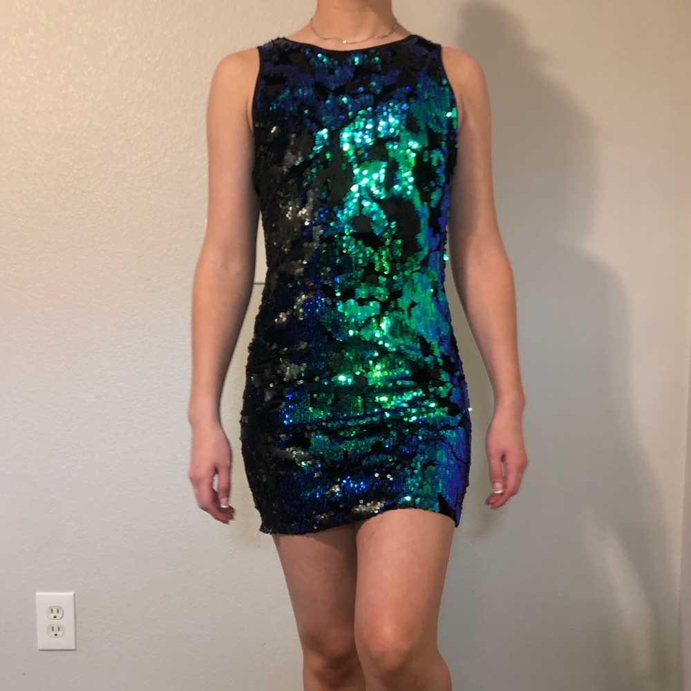 Green, blue and black sequin dress